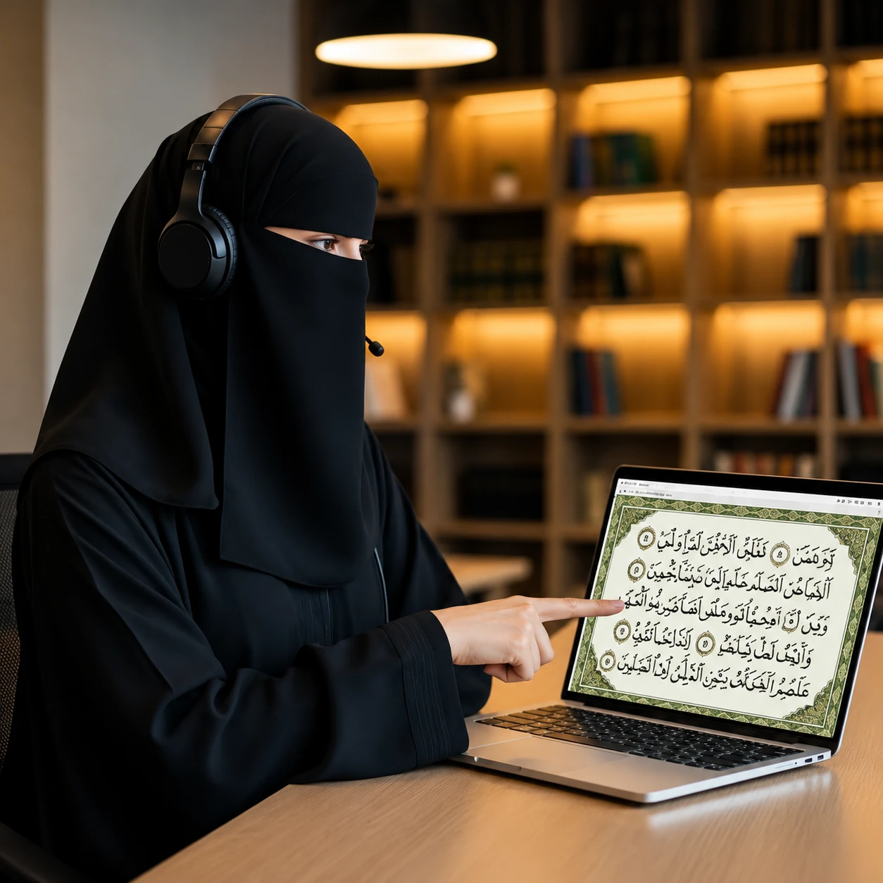 استاد قرآن با پوشش اسلامی در حال آموزش قرآن